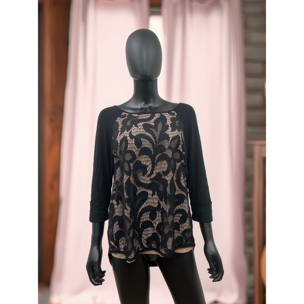 Sweet Grey Black‎ Lace Top L – Rayon/Spandex Nylon Contrast Poly Lining